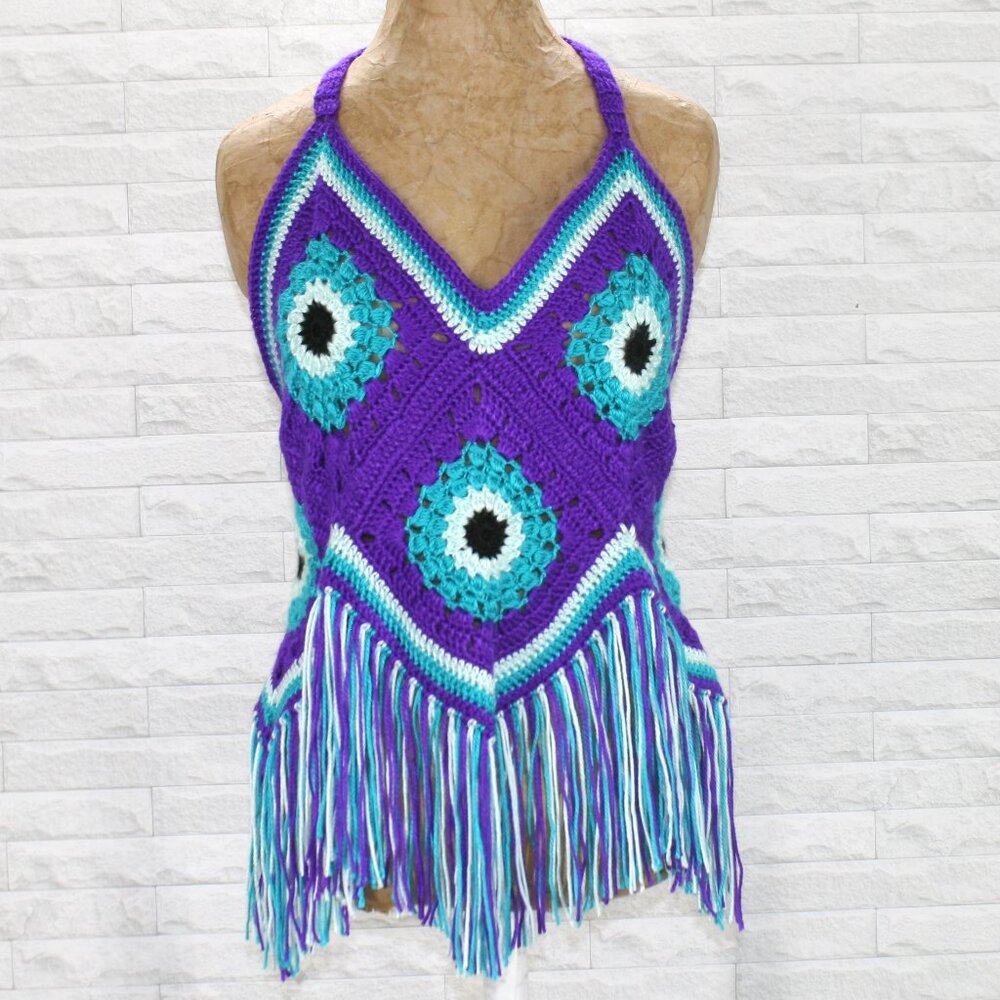 HAND CRAFTED Crop Top Crochet Fringe Halter Granny Square Purple Turquoise